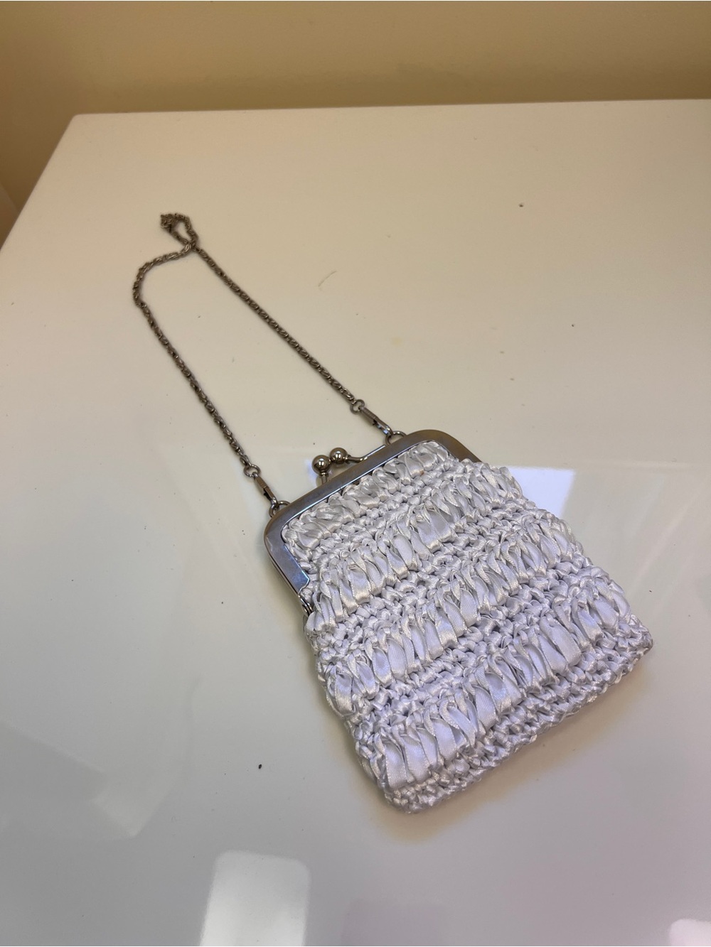 Woven White Evening Crossbody Bag with Chain Strap